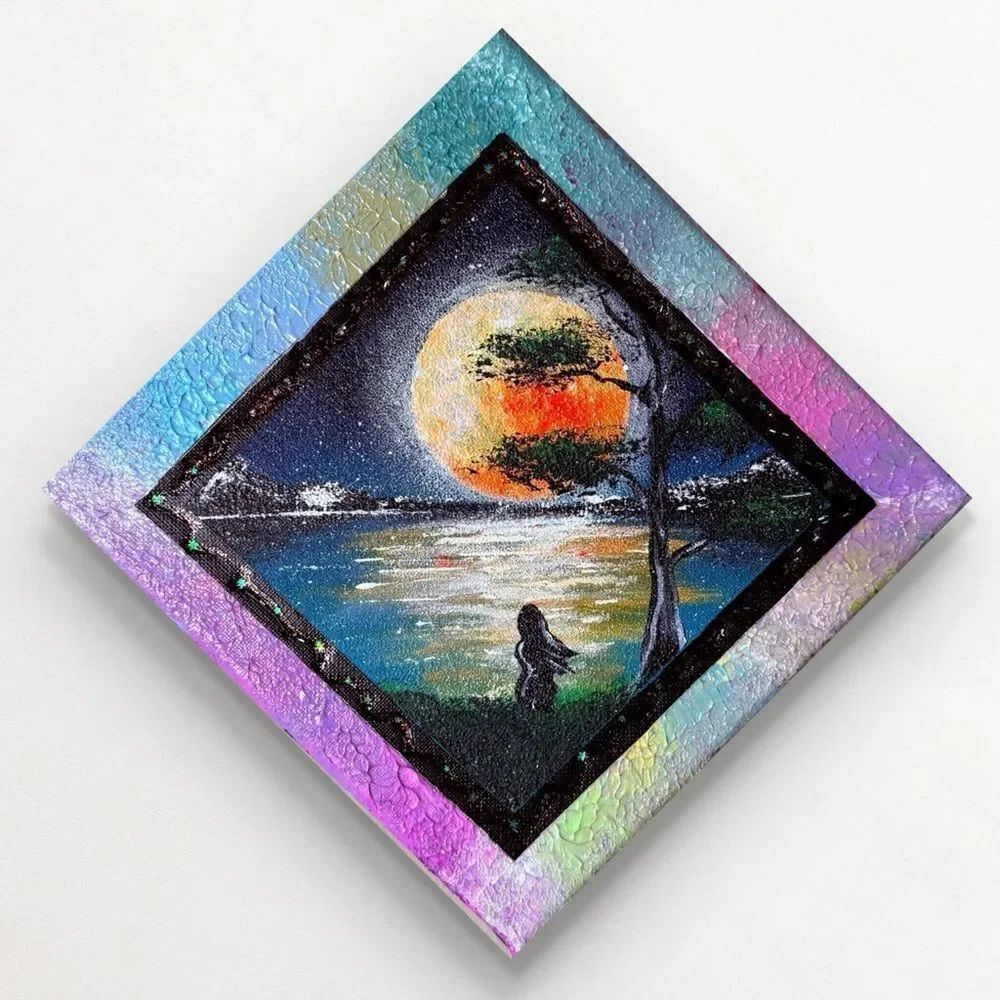 Hand-Painted Moonlit Lake Canvas Wall Art Size 8*8
